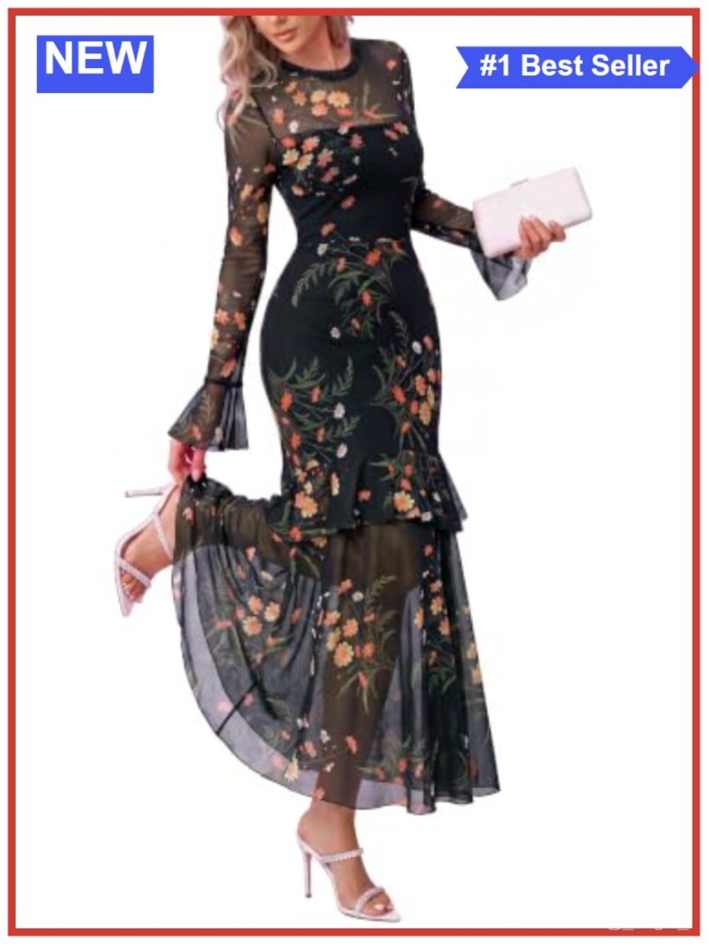 Elegant Long Sleeve Floral Maxi Dress Crew Neck A-Line Semi-Formal